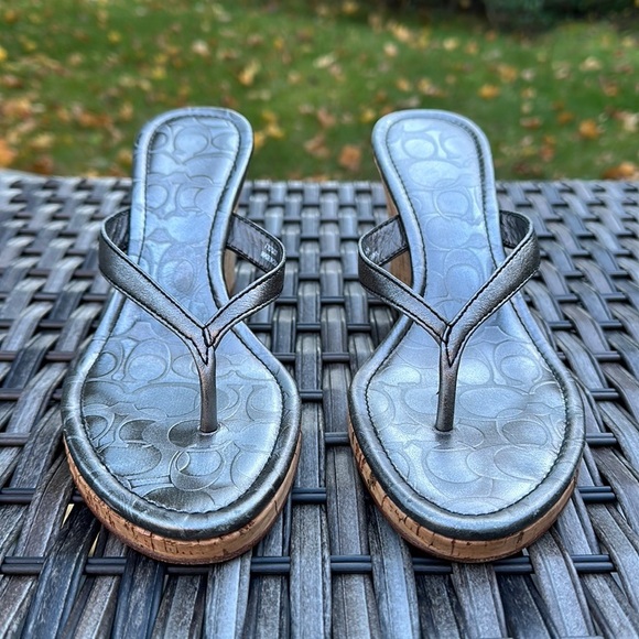 Coach Lannie Metallic Calf Leather Cork Wedge Sandals - Pewter - Picture 2 of 14